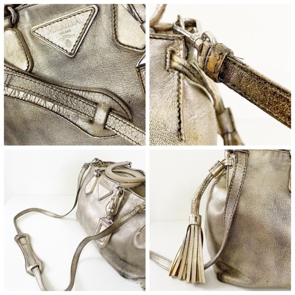 Prada distressed metallic gold nappa leather satchel bag triangle logo - Picture 5 of 11